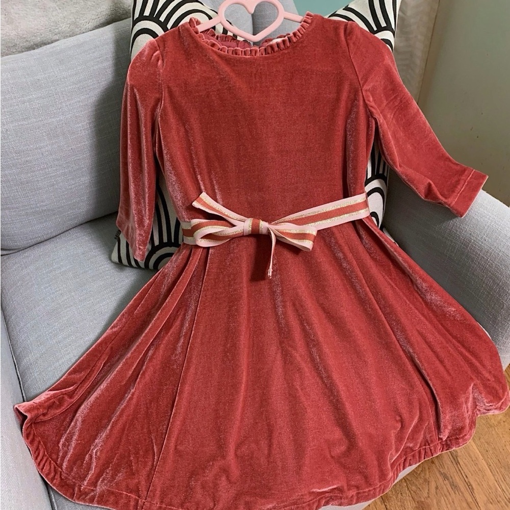 Mini Boden 5-6Y Velvet Dress with Striped Belt - pink Rust great used condition